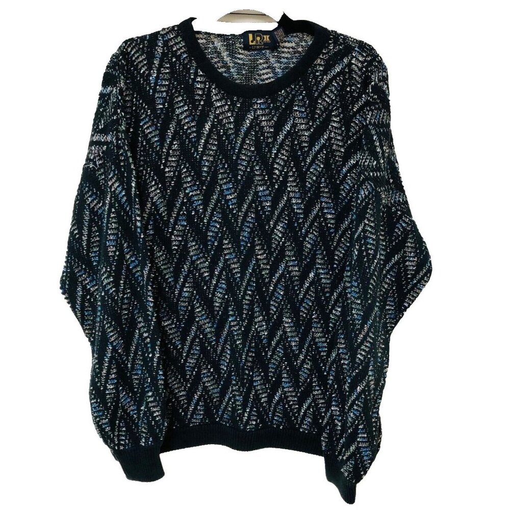 VTG LeRoy Tweed Crewneck Sweater Men L Loose‎ Weave Athleisure Black Blue White